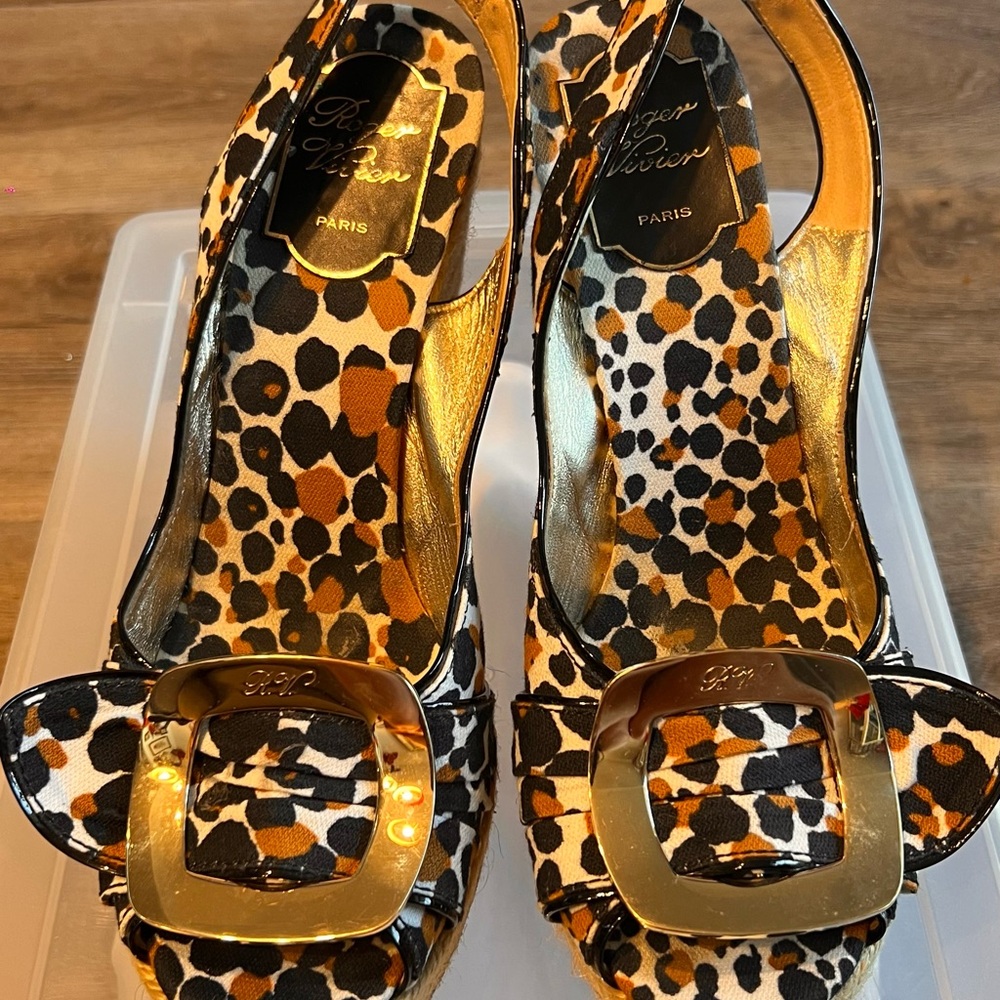 Roger Vivier Leopard Print Heels with Gold Buckle